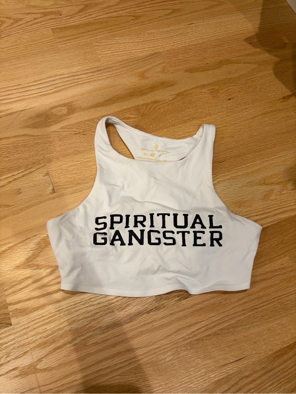 Spiritual Gangster White Racerback Crop Tank with Black Logo